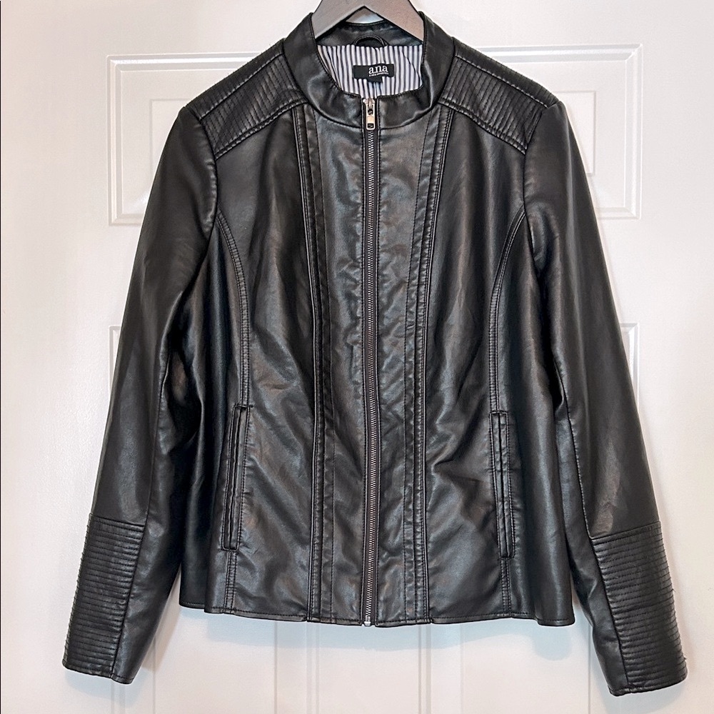 Vegan Leather Full Zip Jacket Black L Moto Biker Bomber Sophisticated Modern
